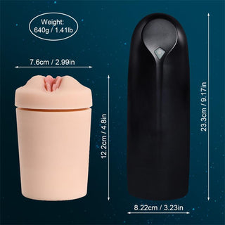Svart Juicy Lamour Zona-masturbator med mjuk insats, insatsmått 12,2 x 7,6 cm, förvaras i ett plastfodral som mäter 23,3 x 8,22 cm.