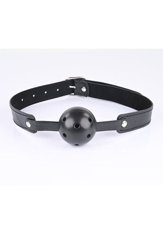 Bondage Kit Svart 5-delar innehåller en svart läderrem med en ventilerad ball gag, perfekt för nybörjare som utforskar BDSM, visas på en vit bakgrund.
