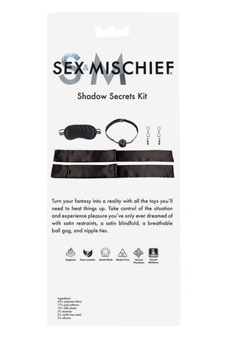 Förpackningen av Bondage Kit Svart 5-delar visar dess innehåll och beskrivning, vilket gör det till en idealisk bondage kit introduktion för BDSM nybörjare.