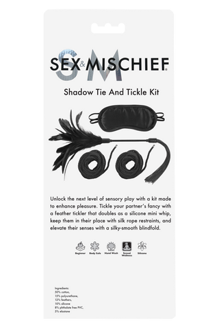 Shadow Tie & Tickle Bondagekit: innehåller ögonbindel, fjäderkittlare och silkesrep - perfekt för BDSM nybörjare eller den som är nyfiken på mjuk bondage och sensorisk lek.