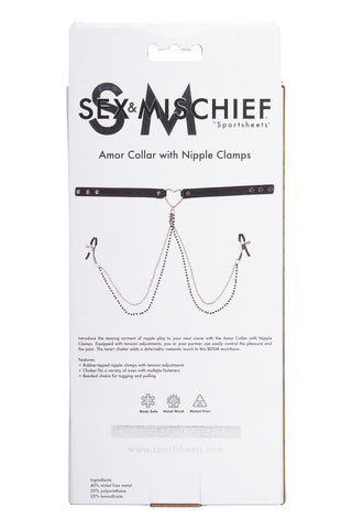 Förpackning för Amor Bröstklämmor & Choker - ett svart halsband i hjärtformat med bröstklämmor i silver som är sammanlänkade med kedjor, perfekt för att ge spänning åt din BDSM-lekar.