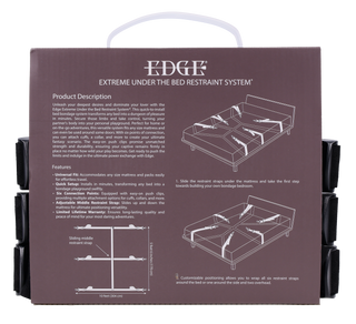 Brun låda med ett diagram över Edge Restraint System Säng-installationen och produktbeskrivningstext - perfekt för att lägga till dominans och mångsidiga bondagealternativ i ditt sovrum.