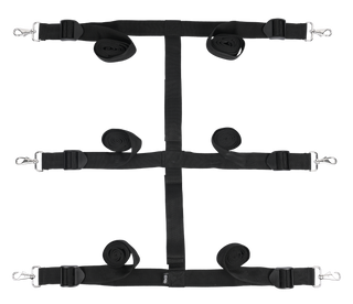 Edge Restraint System Säng har svarta justerbara remmar med metallklämmor i en H-formad layout, vilket gör den idealisk för att utforska bondage eller dominanslek.