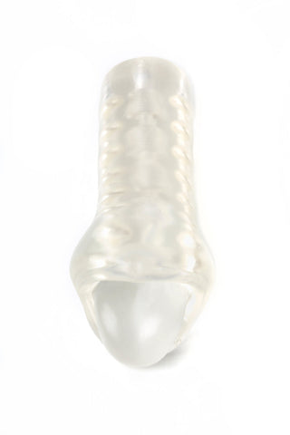 Tolerance Mouth Full Masturbator är en transparent, ribbad silikonhylsa med en rundad spets, utformad för att ge en realistisk upplevelse. Fotograferad på en vit bakgrund.