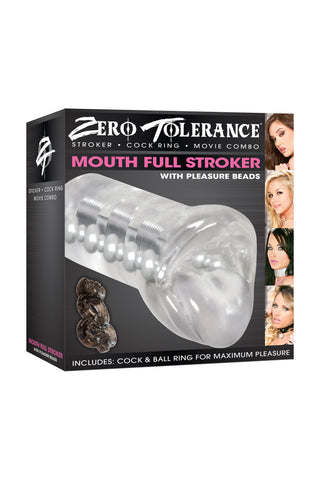 Boxen för Tolerance Mouth Full Masturbator visar produktbilden och fyra kvinnoansikten, vilket framhäver denna realistiska masturbator som är utformad för att ge en oralsexliknande sugkänsla.