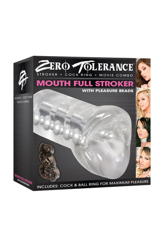 Boxen för Tolerance Mouth Full Masturbator visar produktbilden och fyra kvinnoansikten, vilket framhäver denna realistiska masturbator som är utformad för att ge en oralsexliknande sugkänsla.