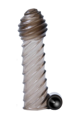Selopa Penissleeve Set är ett cylindriskt föremål med ett spiralmönster och en sfärisk bas, med unika ärmar som är genomskinliga med en mörkare topp.