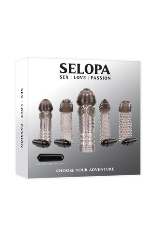 Box med 5 texturerat svart silikon Selopa Penissleeve Set med medföljande vibrerande kula, märkt SELOPA: Sex | Kärlek | Passion, med unika ärmar för intensiva vibrationer.