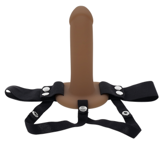 Hollow Strap-On Dildo 16 cm med vattentät design, svarta justerbara remmar och silverfärgade tryckknappar mot en vit bakgrund.