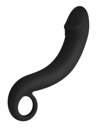 Svart silikondildo med böjt skaft och ringhandtag.