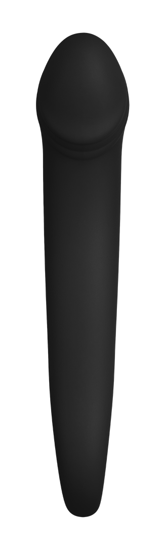 Svart silikondildo med böjd design och rundad spets, visad uppifrån mot en vit bakgrund.