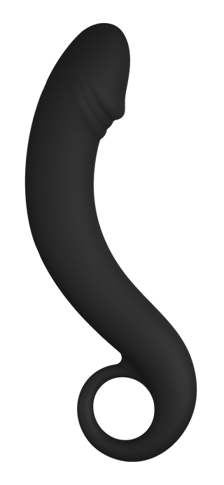 Svart silikonböjd dildo med ergonomiskt loophandtag, med en slät, premiumfinish och minimalistisk design.