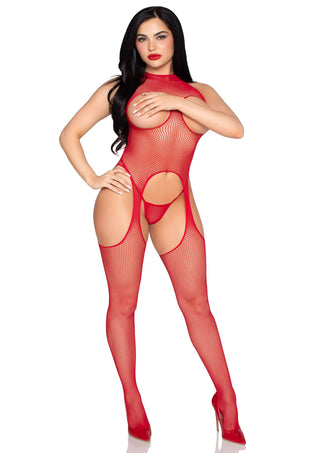 Svart, koppfri bodystocking med utskärningar och matchande trosa, i genomskinligt material, fotograferad mot en vit bakgrund.