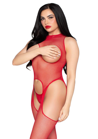 Svart bodystocking utan kupor och matchande trosa i genomskinligt nät med spaghettiband, avbildade mot en enfärgad bakgrund.