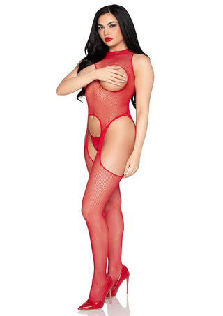 Svart bodystocking utan kupor och trosa i genomskinligt nätmaterial med remdetaljer, sett framifrån.