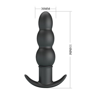 Svart analplugg i mjuk silikon med avsmalnande design, 110 mm lång och 30 mm i diameter, med 10 vibrationslägen.