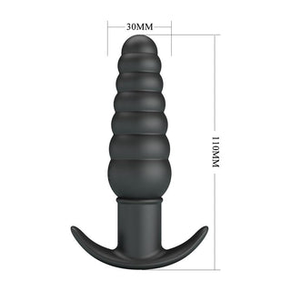 Svart analplugg i mjuk silikon med avsmalnande design och 10 vibrationsinställningar, cirka 110 mm lång, 30 mm i diameter.