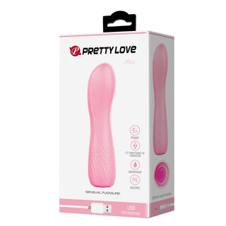 Låda för Pretty Love Alice Mini Vibrator i rosa, tillverkad av medicinsk silikon, med egenskaper som vattentät design och USB-uppladdningsbar kapacitet.