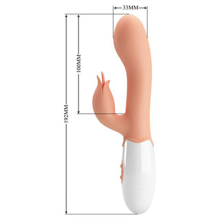 Beige silikon rabbit vibrator, 192x33mm, 100mm instickslängd, ergonomisk design för G-punktsstimulering.