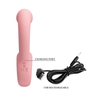 Rosa dubbelvibrator med flexibel tungfunktion, USB-uppladdningsbar, silikonmaterial och laddningskabel medföljer.