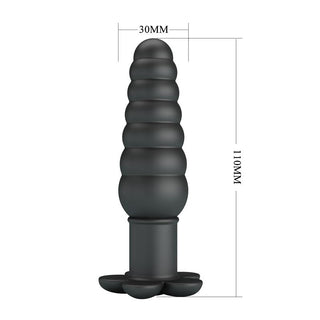 Svart analplugg i mjuk silikon med pärlad design, cirka 110mm lång och 30mm bred, utrustad med 10 vibrationslägen.