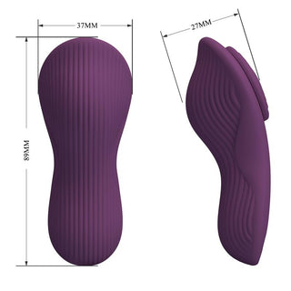 Lila vibrerande trosvibrator i silikon med texturerad yta, visad framifrån och från sidan. Mått anges i millimeter.