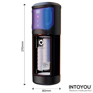 INTOYOU Nextor Värmande Masturbator är en elegant svart cylindrisk enhet med ett genomskinligt fack, livfull LED-display och avancerade vibrationsfunktioner. Den mäter 270 mm gånger 80 mm och erbjuder en förbättrad upplevelse.