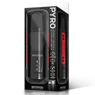 Den eleganta svarta och röda förpackningen på IntoYou Thrusting Masturbator visar intuitiva kontrollikoner och en USB-laddningsetikett, optimerad med turbofunktionsteknik för förbättrad prestanda.