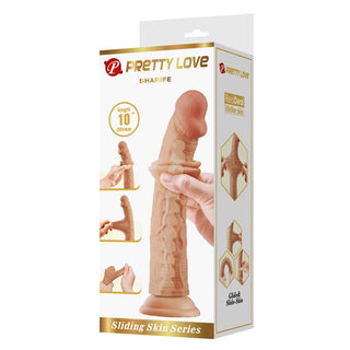 Pretty Love Sharife, 25 cm lång dildo med sugkopp, hudfärgat silikon, realistisk design som visas på förpackningen.