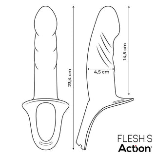 Illustration av premium silikon Action Strap-On med Hollow Dildo: total längd är 23,4 cm, max bredd är 4,5 cm, med en detaljerad sidovy på 14,5 cm längd. Funktionerna inkluderar en utsvängd bas och öppen ring som är idealisk för användning med strap-on. Text läser Flesh S Action.