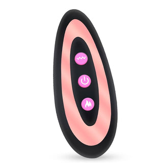 En svart och rosa oval trådlös fjärrkontroll för Realistisk Turbo Dildo med Rörelse, med tre vertikalt riktade flytande silikonknappar: en vågig linje, kraftikon och låga.