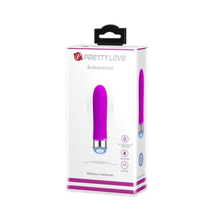 Boxförpackning för en Pretty Love Sebastian Lila Vibrator, med produktbilden och de viktigaste egenskaperna för denna vattentät vibrator på framsidan.