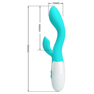 PrettyLove Brighty Rabbit-vibratorn i blått och vitt, tillverkad av kroppssäkert silikon, ger dubbla G-punktsstimulanser. Storlek: 200 mm lång, 34 mm bred, med en 105 mm förlängning.