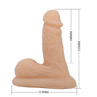 Realistisk dildo, 13 cm, tillverkad av TPE i kompakt design; har en köttfärgad färg och skulpterade anatomiska detaljer.