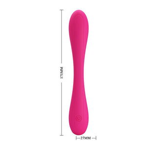 PrettyLove Yedda Bendable är en ljusrosa, C-formad vibrator med dubbla ändar, 171 mm lång och 27 mm bred, utformad för stimulering av G-punkten med en strömknapp i ena änden.