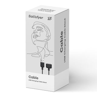 Vit låda för Satisfyer USB Laddkabel med magnetisk kontakt, med en linjekonst och produktbild på förpackningen. Kompatibel med Satisfyer-produkter.