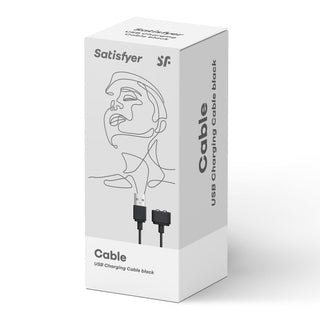 Vit låda för Satisfyer USB Laddkabel med magnetisk kontakt, med en linjekonst och produktbild på förpackningen. Kompatibel med Satisfyer-produkter.