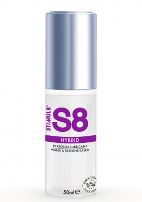 50 ml klar flaska S8 Hybrid Glidmedel med silverlock och lila etikett, perfekt för en vattenbaserat glidmedelsupplevelse.
