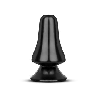 Bred Svart Buttplug 12 cm är en liten, slät, svart plugg tillverkad av kroppssäker, ftalatfri PVC med en utsvängd bas, visad mot en vit bakgrund.