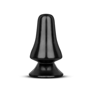 Bred Svart Buttplug 12 cm är en liten, slät, svart plugg tillverkad av kroppssäker, ftalatfri PVC med en utsvängd bas, visad mot en vit bakgrund.
