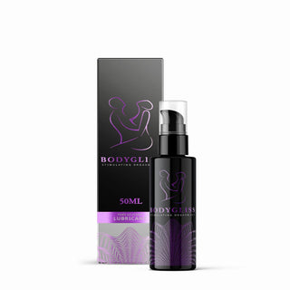 BODYGLISS Orgasmgel 50 ml kommer i en svart flaska och matchande låda med lila och vita designelement, med en formel som förstärker en upphetsande känsla.