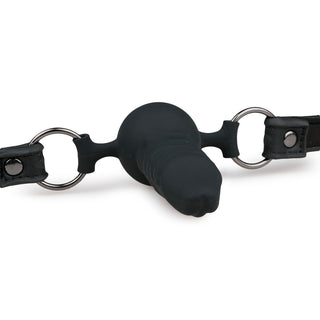 Ballgag med Dong från Easytoys Fetish Collection presenterar en svart silikondildokavel, läderremmar och metallringar för en unik penetrerande upplevelse.