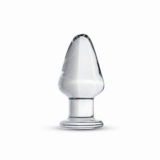Gildo Glass Buttplug 4,6 cm, tillverkad av borosilikatglas, visas mot en vit bakgrund. Dess temperaturkänsliga design förstärker känslan för en unik upplevelse.