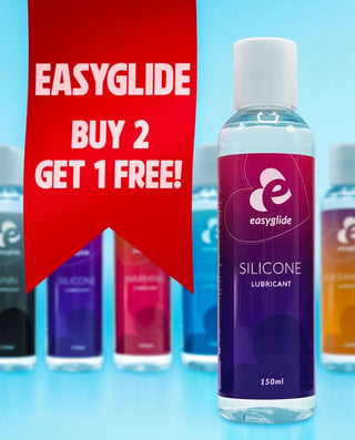 Easyglide silikonbaserat glidmedel 150 ml med kampanjtext Buy 2 Get 1 Free mot blå bakgrund på mobil
