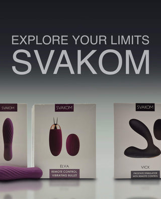 Svakom sexleksaker banner för mobil i förpackning, inklusive Elva fjärrstyrd vibrator och Vick prostatastimulator, med texten Explore Your Limits