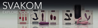 Svakom sexleksaker banner på dator i förpackning, inklusive Elva fjärrstyrd vibrator och Vick prostatastimulator, med texten Explore Your Limits