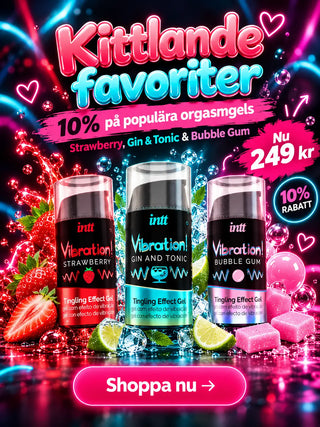 1. Färgglad kampanjslider från Taboo.se med tre INTT Vibration orgasmgels och priset 249 kr under en 10% kampanj.