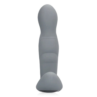 Rotating Prostate Stimulator: En grå silikon dildo med slät, kurvig design och bulbös spets, tillverkad av kroppssäker silikon, visa mot en enkel vit bakgrund.