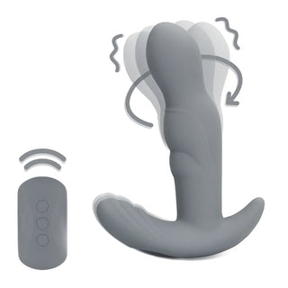 Den roterande prostatastimulatorn är en elegant, grå enhet gjord av kroppssäker silikon. Den har en fjärrstyrd design som erbjuder vibration och roterande stimulering.