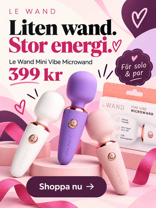 Lekfull slider med Le Wand Mini Vibe Microwand i vit, svart, lila och rosa – liten wand med stor energi, 399 kr.